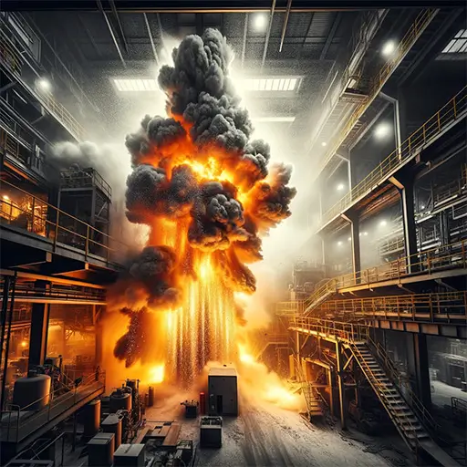 Image of a combustible dust explosion in a manufacturing plant.